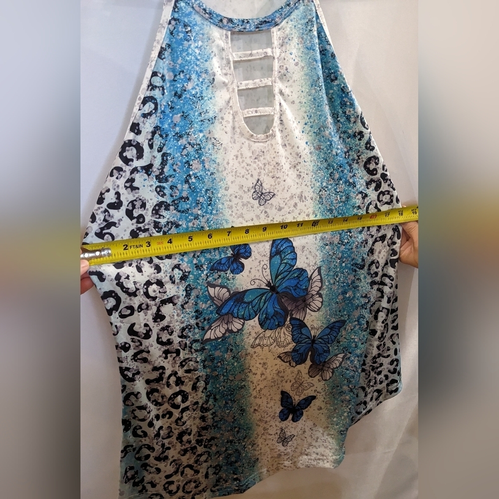 Cutout Butterfly Print Halter Neck Top, Casual Summer Sleeveless Top, T1W - Picture 5 of 8